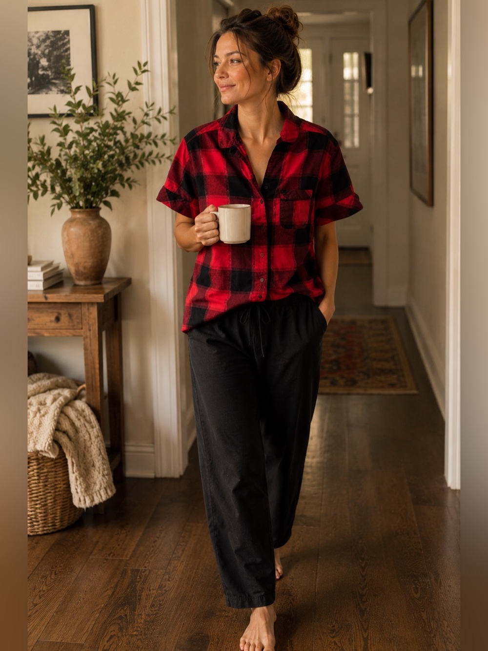 Victoria’s Secret Plaid Pajama Top XS Red Black Buffalo Check Sleep Shirt